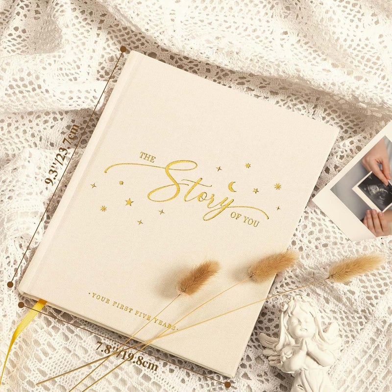 Lanpn Baby Memory Book - Linen Baby Book Memories Keepsake - The Story of You - Newborn Baby First 5 Year Journal Scrapbook Photo Book Milestone Album for Boy Girl New Parents (Beige, 154 Pages) - Image 2